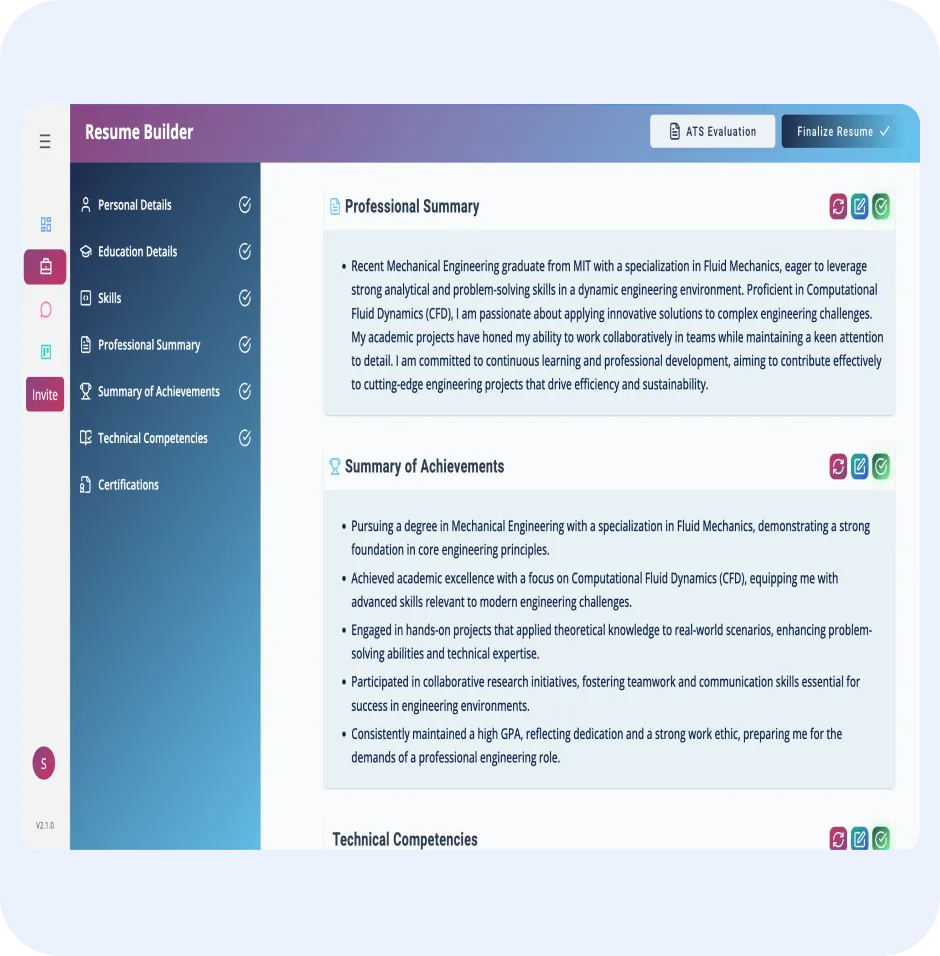 Resume builder interface showcasing sections for professional summary, achievements, and technical competencies, designed for creating ATS-friendly resumes with AI assistance.